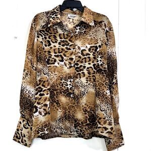 Design Today's Vinage Top Animal Print Size Large Sheer Button Down Blouse.
